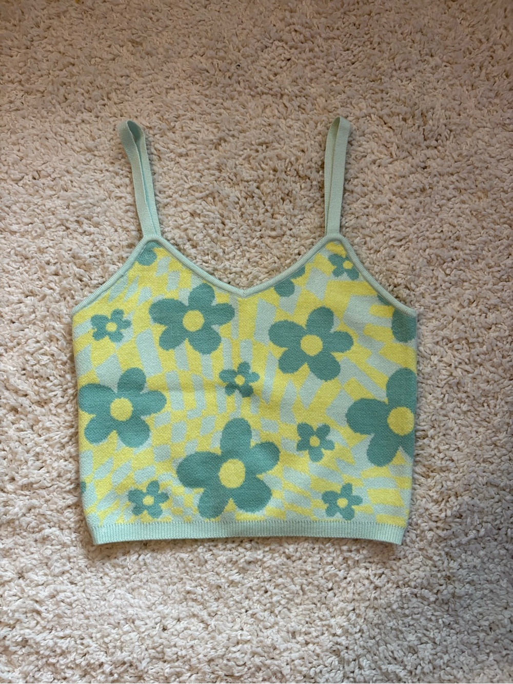 Altar'd State Yellow & Mint Floral Knit Crop Tank